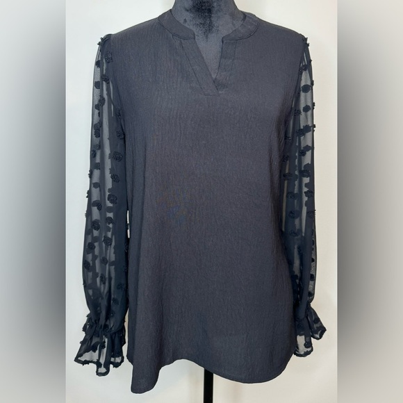 B Brand Women’s Black Balloon Long Sheer Large Swiss Dot Sleeve Blouse Size L - Picture 3 of 6